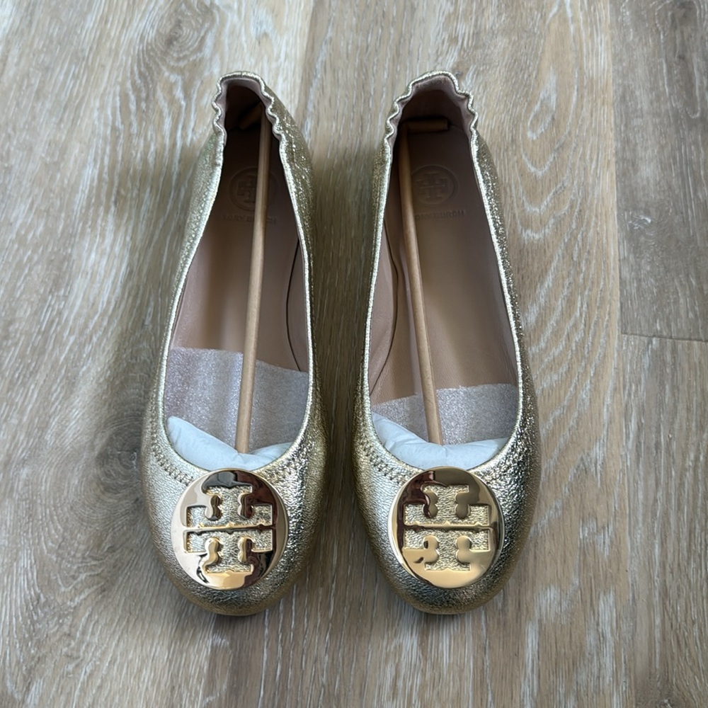 NEW Tory Burch Minnie Ballet Flats Shoes in Metallic Gold